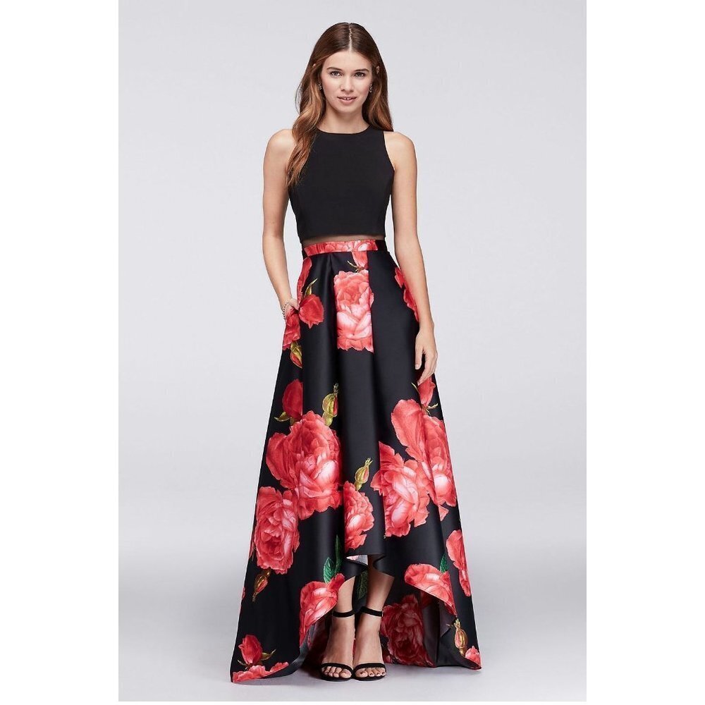 Betsy & Adam Formal Dress Womens 2 Black Red Floral High Low Illusion Waist Prom